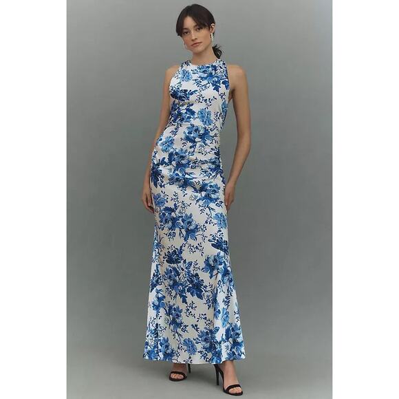 BHLDN Dresses & Skirts - NEW BHLDN Mariella High-Neck Satin Maxi Dress in Blue Floral Size 12